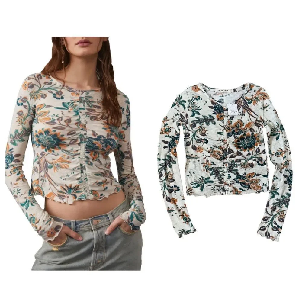 We The Free Free People Dreamed of You Floral Ruched Long Sleeve Top XSMALL NWT
